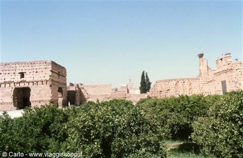 Red earthen walls of El Badi Palace above orange groves in Marrakech