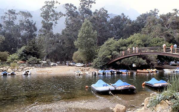 Blue-covered dinghies moored on the river, wooden footbridge with people among trees
