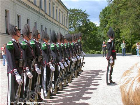 Royal Guard changing ceremony with black uniforms and bearskin caps in Oslo