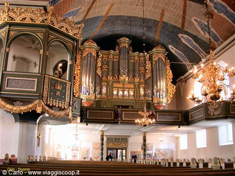Oslo Cathedral interior: large gilded organ, chandeliers, painted ceiling