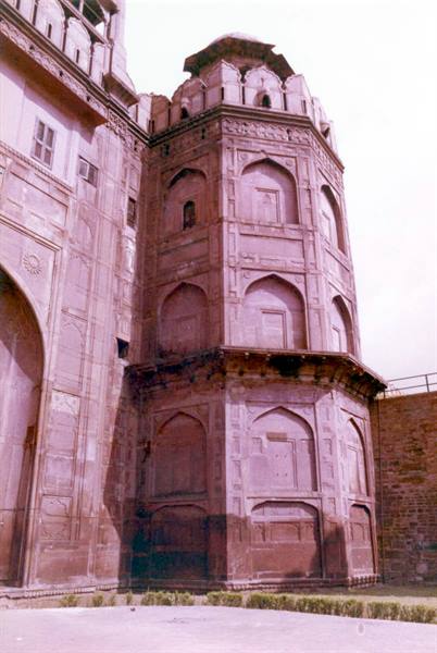 Octagonal sandstone bastion of the Red Fort in Delhi