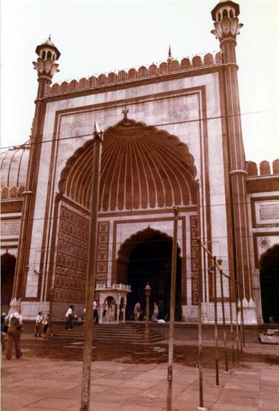 Visitors in front of the grand marble gateway of Jama Masjid, Delhi
