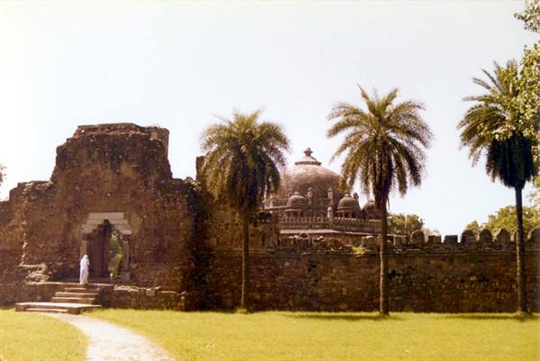 Domed stone tomb among palm trees and ancient walls, Delhi