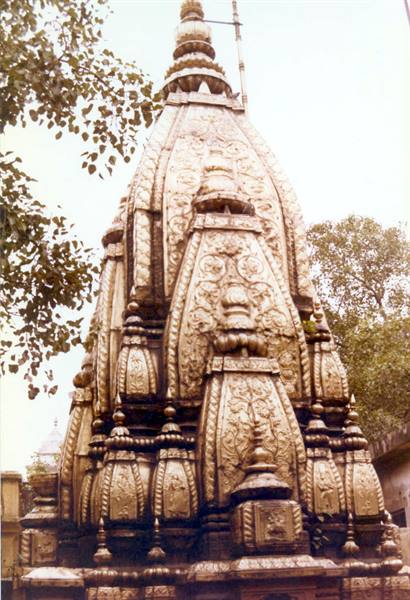 Hindu temple with carved silver shikhara tower among trees