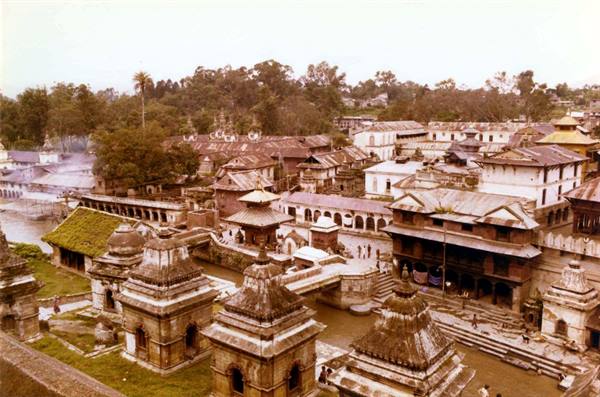 Stone temples along the Bagmati river at Pashupatinath, soft daylight