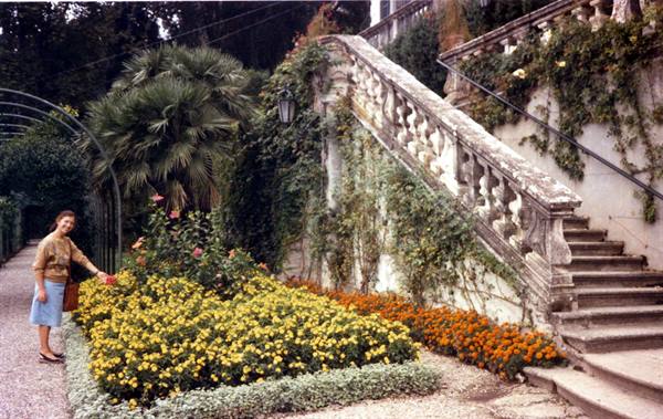 Woman beside yellow and orange flowerbeds under a stone staircase with balustrade