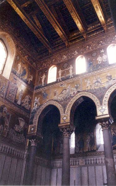 Golden Byzantine mosaics beneath the wooden ceiling of the Palatine Chapel