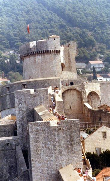 Tourists climb the stairs of the Minčeta Tower in Dubrovnik