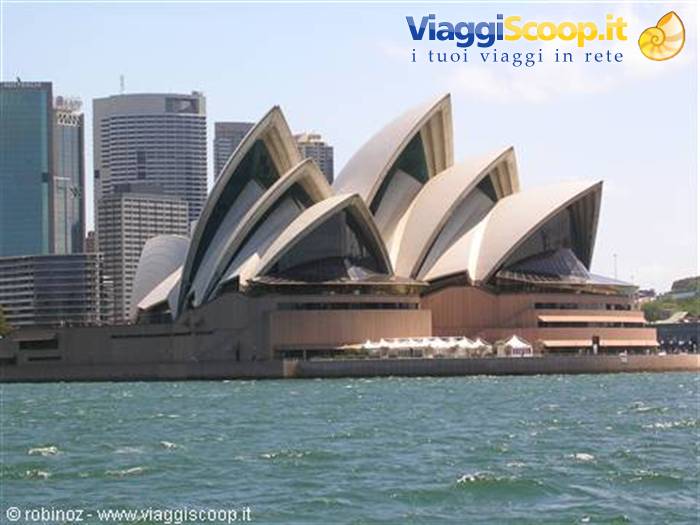 Sydney Opera House white shells, skyscrapers behind, harbour water in the foreground