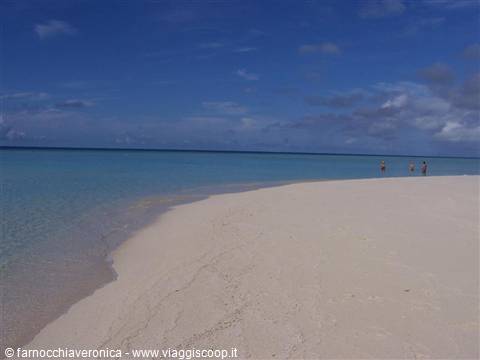 White sand beach with turquoise water, distant swimmers under partly cloudy sky