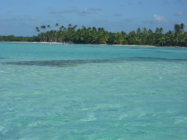 Clear turquoise water in front of white beach lined with palms and boats