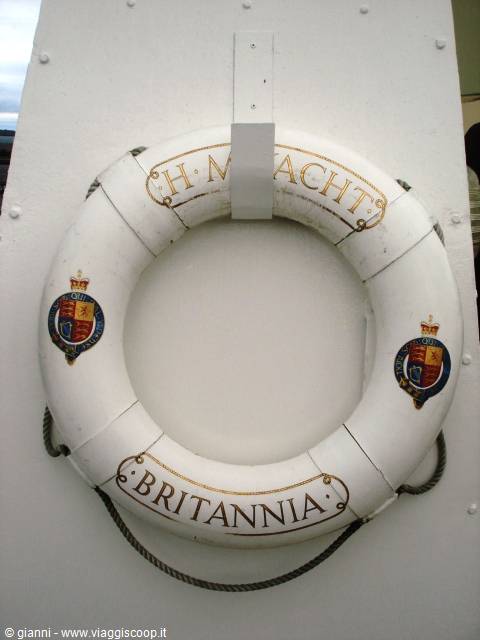 White lifebuoy with rope and royal crest aboard HMY Britannia