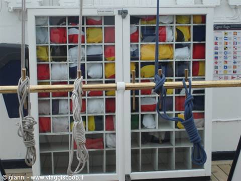 Colored signal flags in glass cabinets with knotted ropes aboard a ship