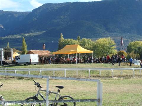 Bikes leaning on the fence, crowd under a yellow tent, mountains above Meran