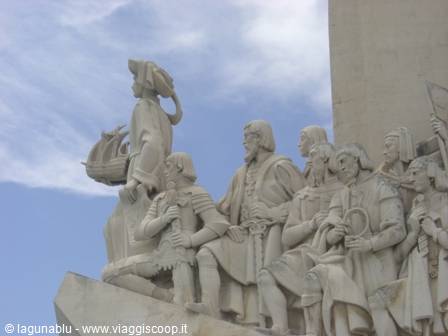 Stone statues of explorers on the Discoveries Monument in Lisbon
