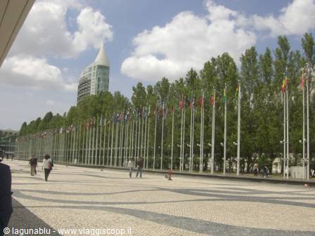 Rows of international flags at Parque das Nações, Lisbon, under a cloudy sky