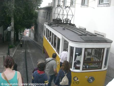 Yellow Lisbon funicular climbs the steep track past white houses, tourists walk alongside