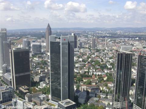 Glass skyscrapers in Frankfurt under a cloudy sky