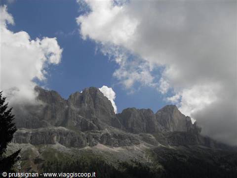 Rocky Dolomite peaks among white clouds and blue sky, firs at the edges