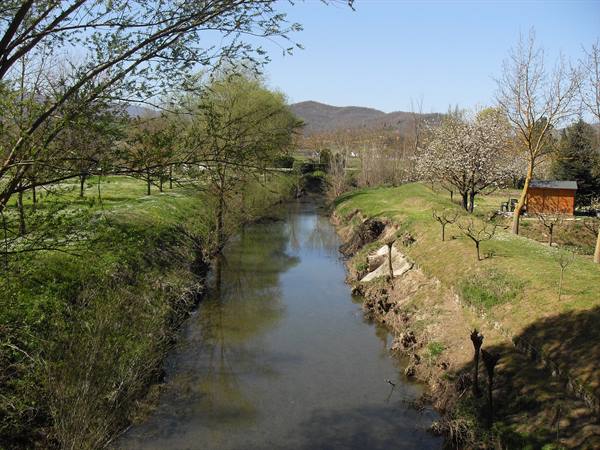 Water channel between grassy banks, blossoming trees and red shed under hills