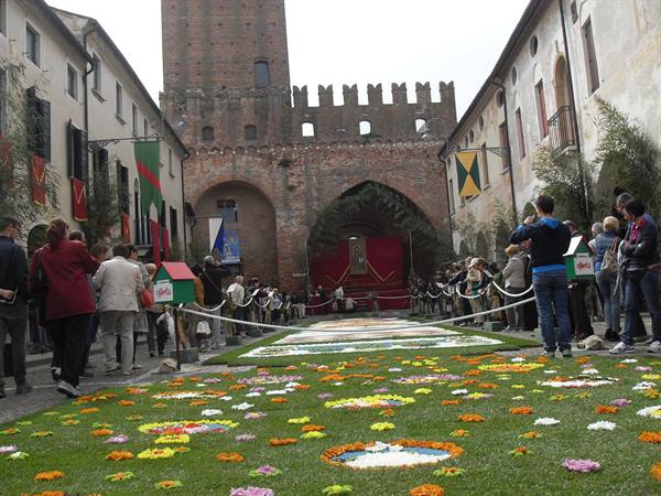 Flower carpets in front of Marostica castle, visitors admire the infiorata