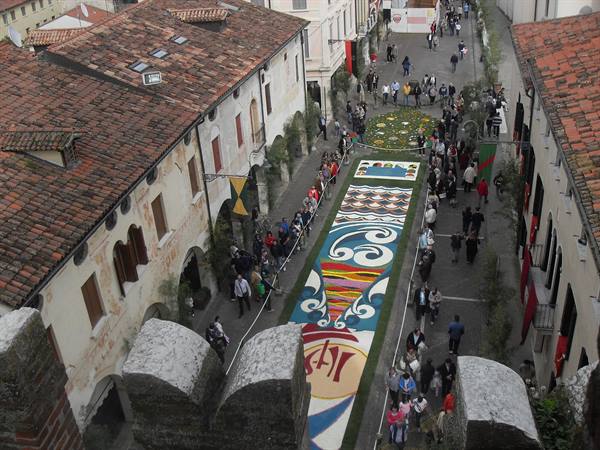 Flower petal carpet down a street, crowd among old houses with terracotta roofs