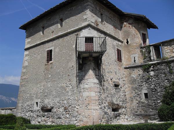 Rovereto Castle, stone tower with wrought-iron balcony