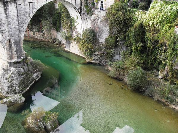 Stone bridge with large arch over green river, rocks covered in ivy