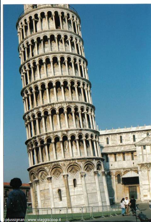 Tourists at the base of the Leaning Tower of Pisa, white marble under blue sky