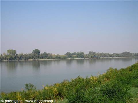 Po River with still water and green bank under blue sky