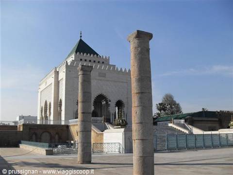 Mohammed V Mausoleum in Rabat, marble columns before the green roof