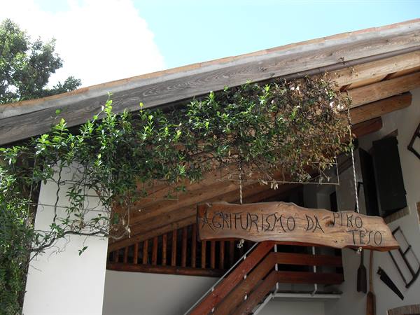 Hand-painted wooden sign under beams and climbing plants, Agriturismo Da Pino Teso