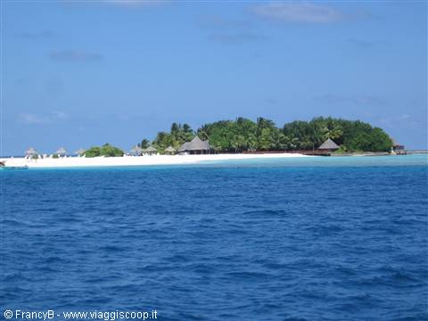 Coral island with white sand, palm trees and bungalows seen from the boat