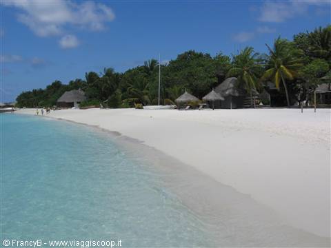 White sand beach with thatched bungalows and palms, clear turquoise water, Maldives
