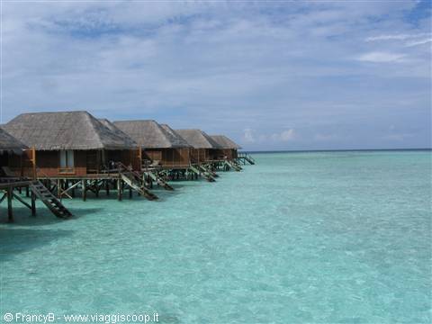 Wooden stilt bungalows with thatched roofs above turquoise water