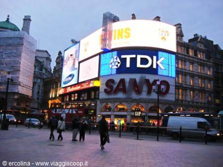 Piccadilly Circus in London, glowing TDK and Sanyo billboards at dusk