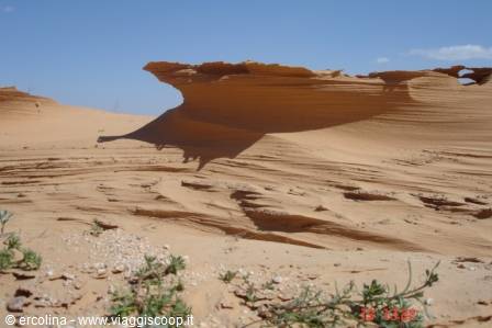 Wind-eroded limestone rock formation on red desert sand