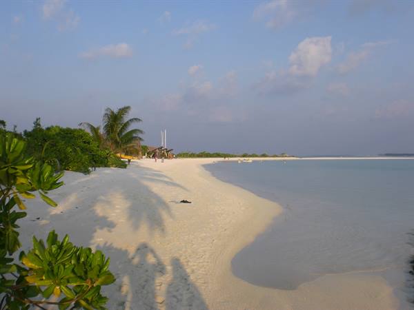 White sand beach with palm trees, boats and calm turquoise water