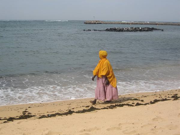 Woman in yellow veil and pink skirt walks on sandy beach among seaweed