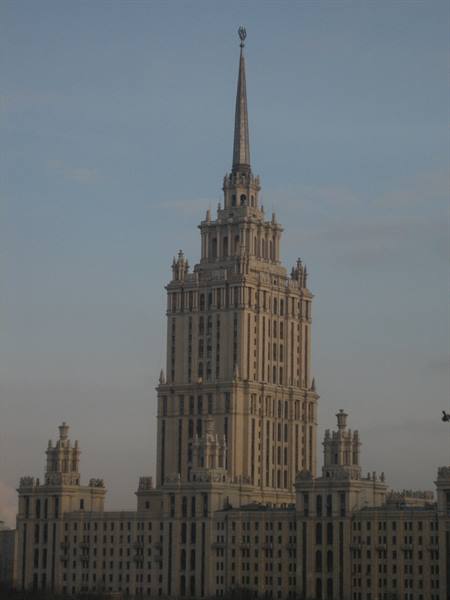 Stalinist skyscraper with spire, Hotel Ukraina in Moscow, grey light