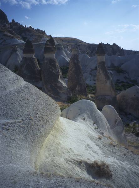Fairy chimneys in Göreme, Cappadocia, white tuff rock under blue sky