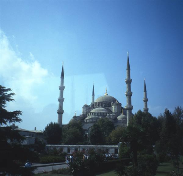 Blue Mosque in Istanbul with domes and minarets among trees