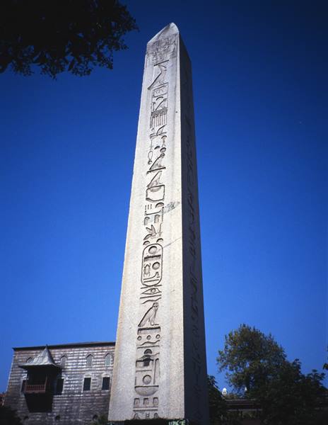 Obelisk of Theodosius in Istanbul carved with Egyptian hieroglyphs, granite against blue sky