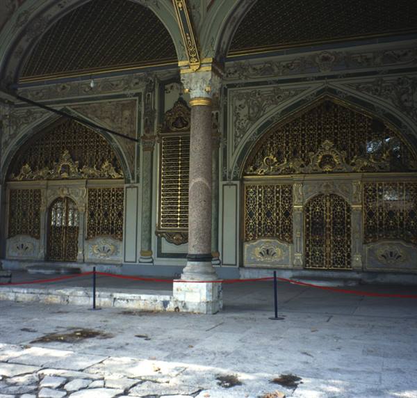 Gilded grille doors and marble column in Topkapi courtyard, Istanbul
