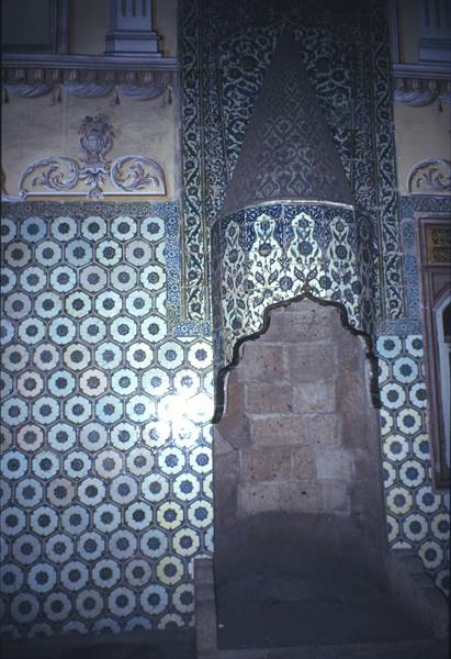 Niche covered with blue and white Iznik tiles inside an Ottoman mosque