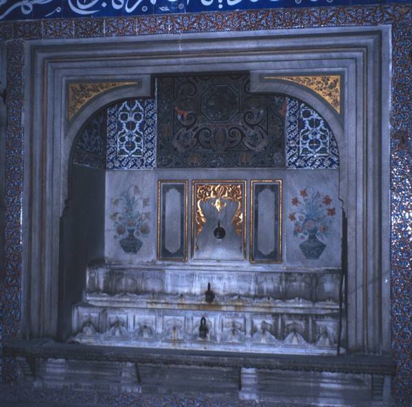 Marble fountain with blue and gold Iznik tiles, Topkapi, Istanbul