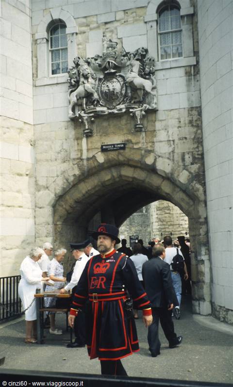 Yeoman Warder in uniform at the Middle Tower gate, Tower of London