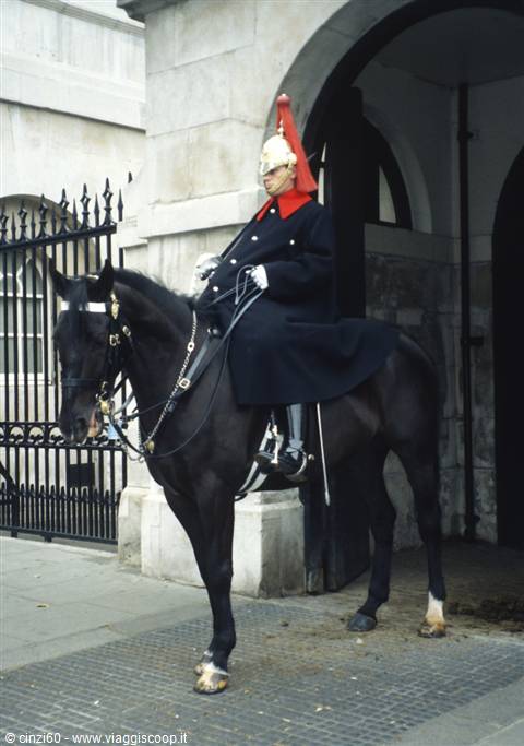 Mounted trooper on black horse at Horse Guards arch