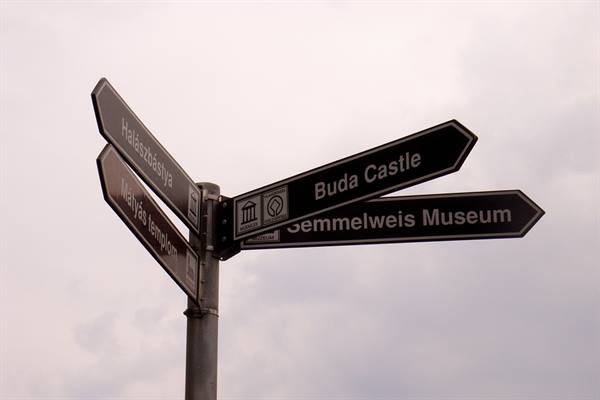 Metal signposts point to Buda Castle and Semmelweis Museum