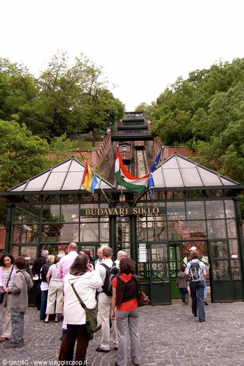 Tourists in front of the Budavári Sikló, green iron and glass funicular